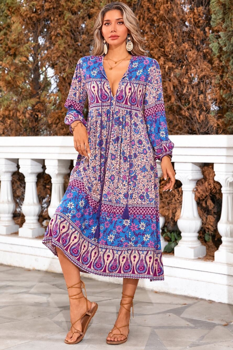 R. Vivimos Boho Floral Paisley Peasant Midi Dress Blue Pink XL 16/18